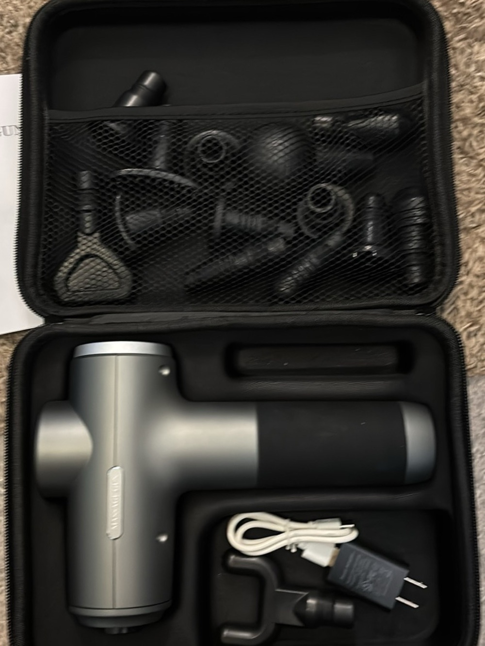 Percussion Massage Gun with Multiple Heads - Silver & Black